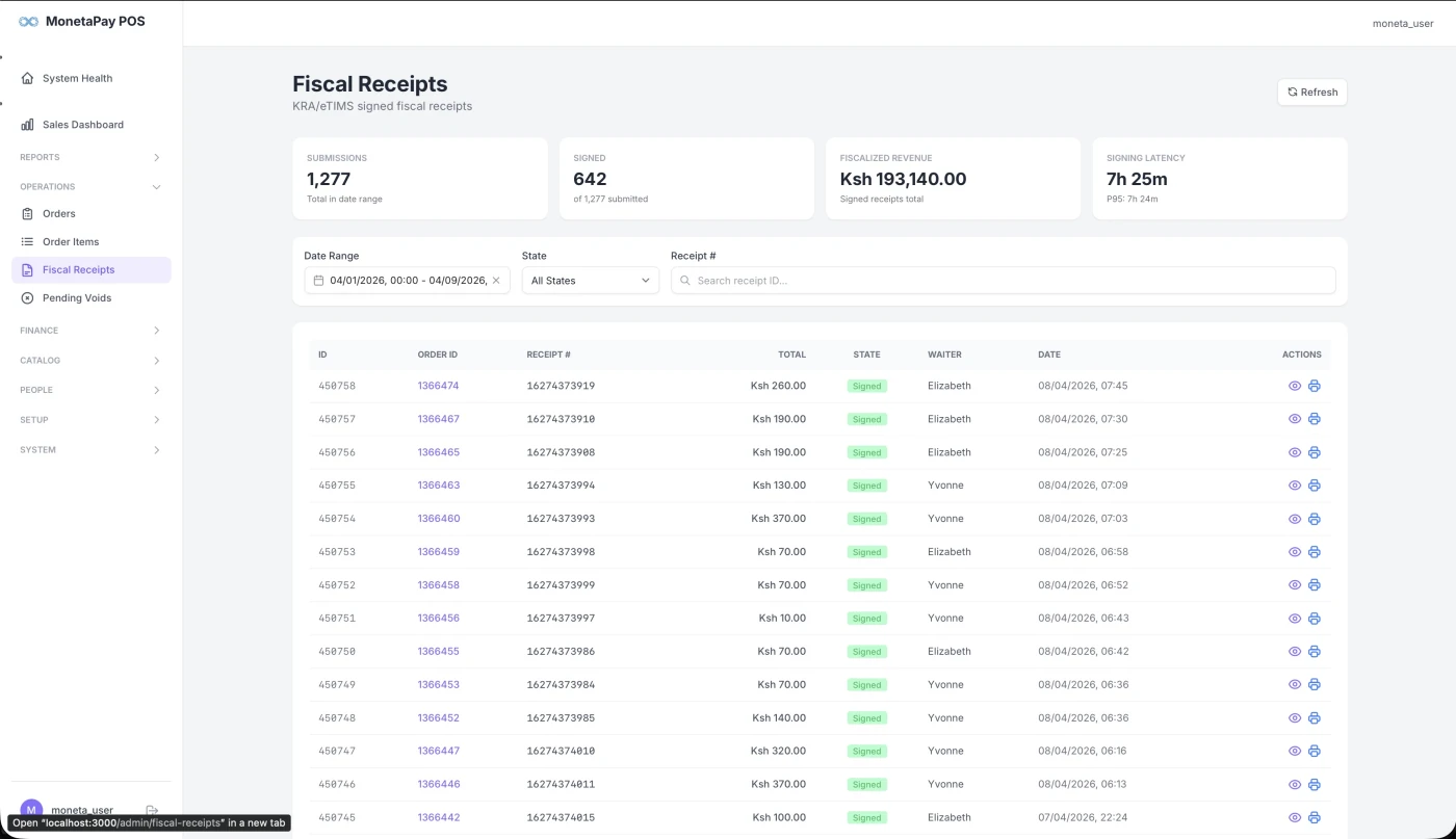 Fiscal receipts dashboard showing submissions, signed count, and signing latency