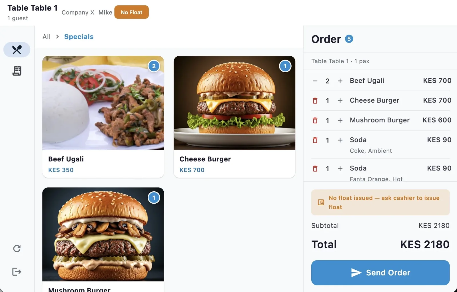 Moneta Pay tablet POS showing tableside ordering with menu items, modifiers, and send to kitchen